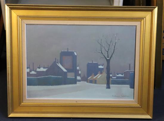 § Folmer Bendsten (Danish 1907-1993), Street Scene in winter 15 x 21.5in.